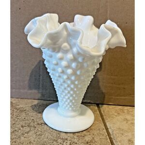 Fenton Milk Glass Hobnail‎ Trumpet Vase Ruffled Fluted Rim 5.5" Vintage